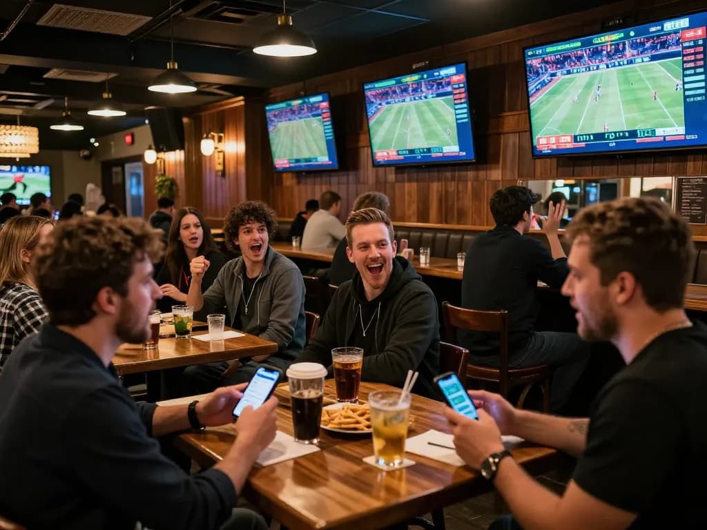 Engaging sports betting scene with patrons passionately following live games and placing kèo nhà cái.