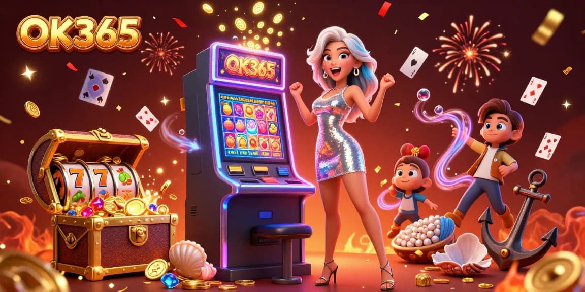 Spin and win at OK365's lively casino, featuring a celebratory atmosphere with slot machines.