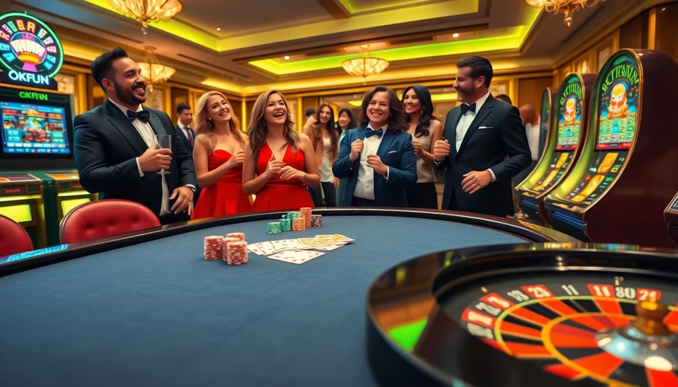 Action-packed casino scene featuring okfun's vibrant poker and roulette tables.