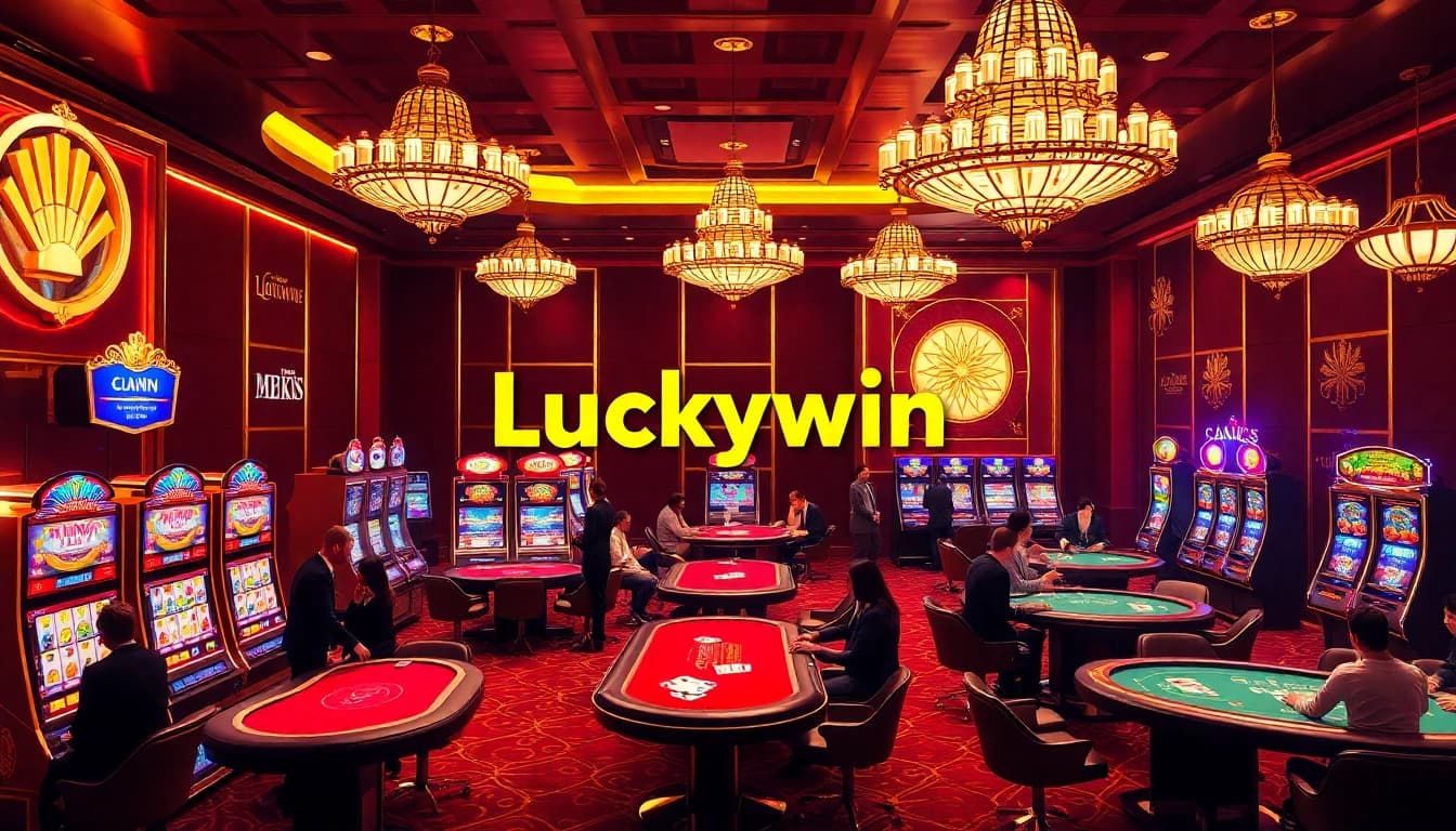 Luckywin players joyfully betting at stylish casino tables showcasing impressive slot games.
