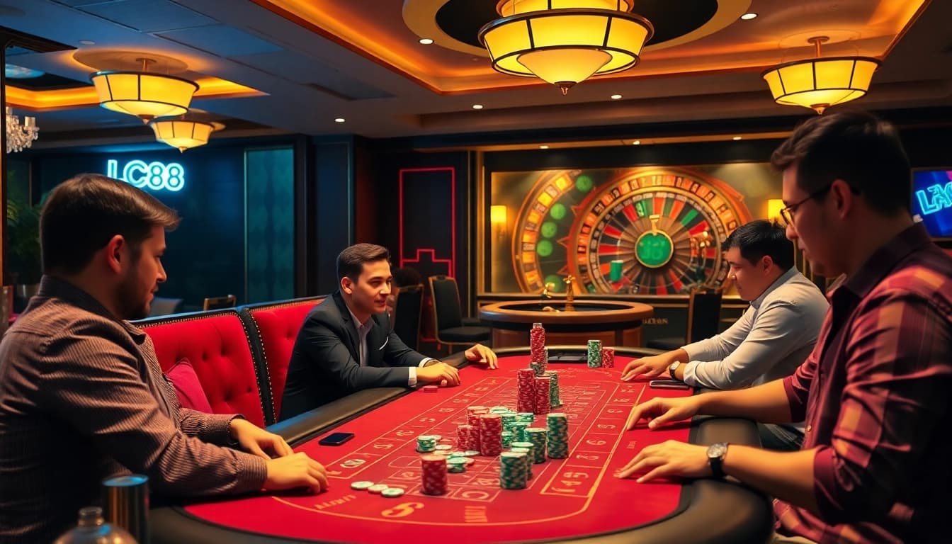 Players enjoying a poker game at an LC88 branded casino table, radiating excitement.