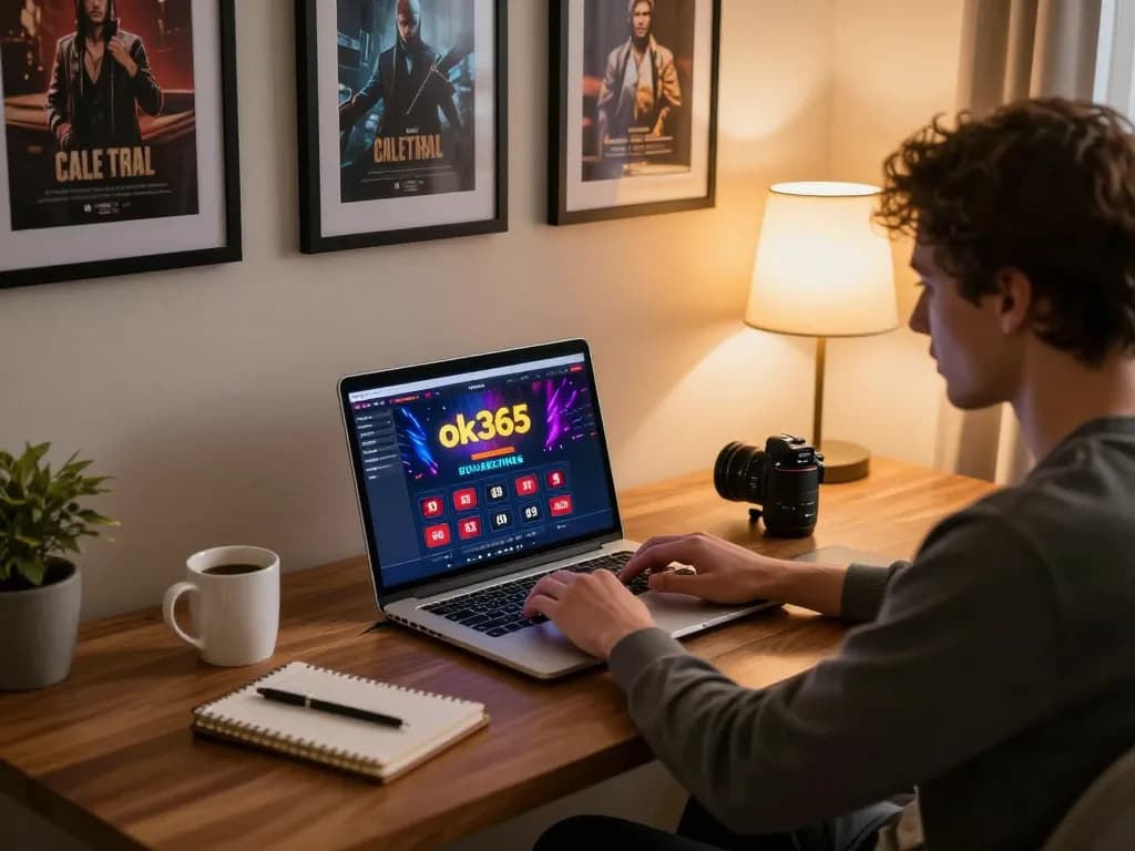 Engage with online gaming at ok365 with this cozy home setup showcasing a person using a laptop.