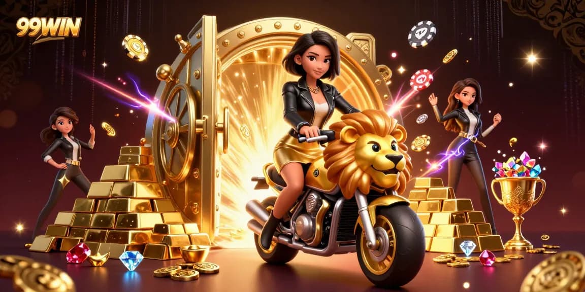 Experience the thrilling 99WIN casino with a glamorous Asian woman riding a golden lion mascot amidst sparkling treasure.