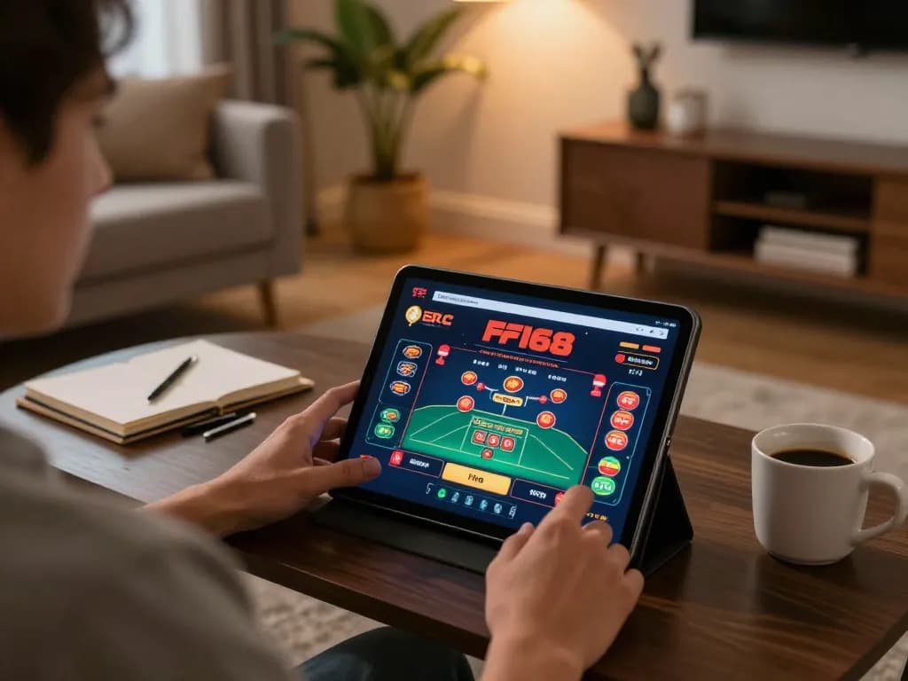 Engaging in F168 online casino with a tablet, showcasing gameplay and strategy notes.