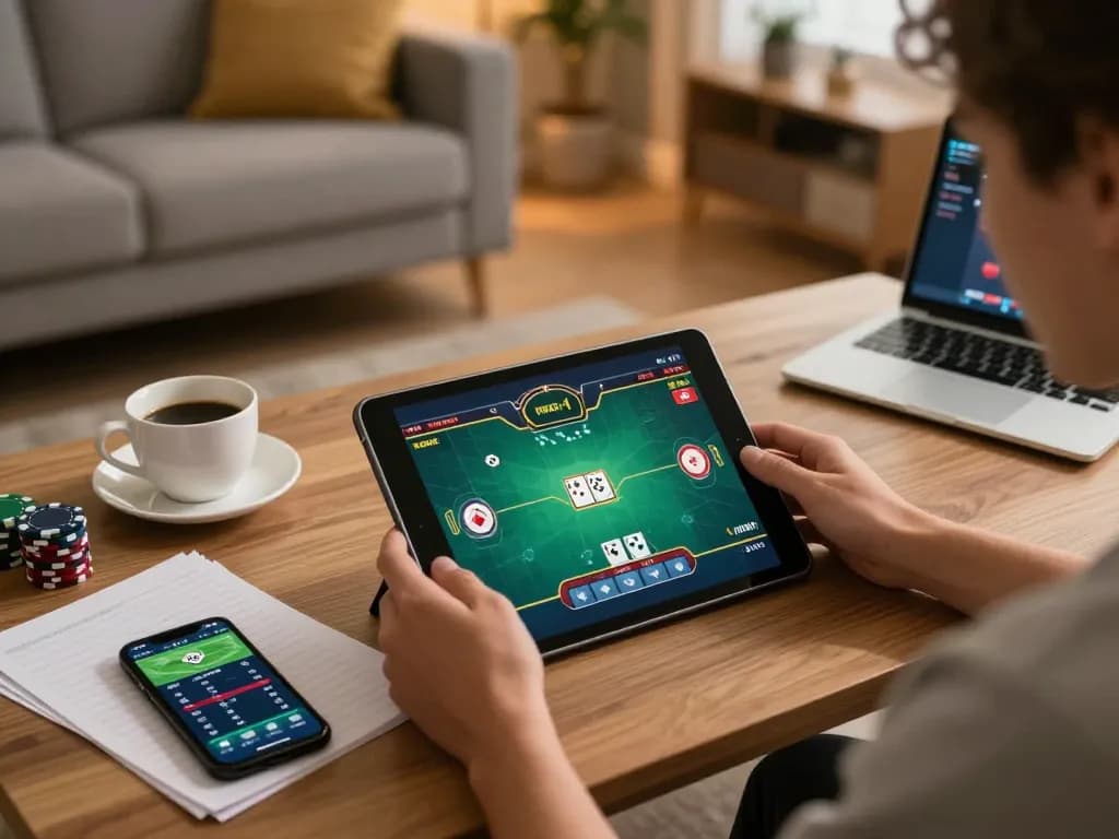 Engaged in a poker game on https://mm88.reisen/, a player strategizes with notes and coffee in a cozy home.