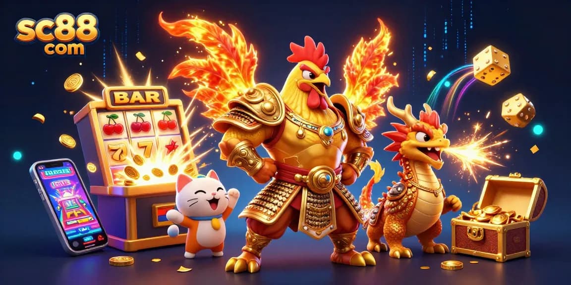 Experience thrilling gameplay at sc88 com with a dynamic casino scene of a rooster warrior, dragon hatchling, and festive casino elements.