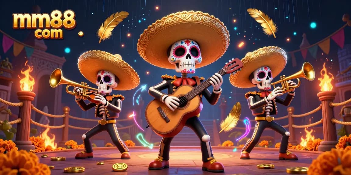 Join the excitement of mm88 com with colorful mariachi skeletons in a lively casino scene embellished with gold coins and vibrant effects.