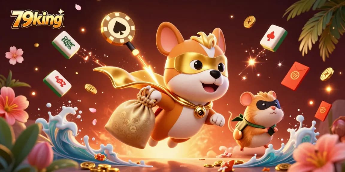 Engage with 79king's adventurous gaming atmosphere featuring a superhero dog and gold treasures.