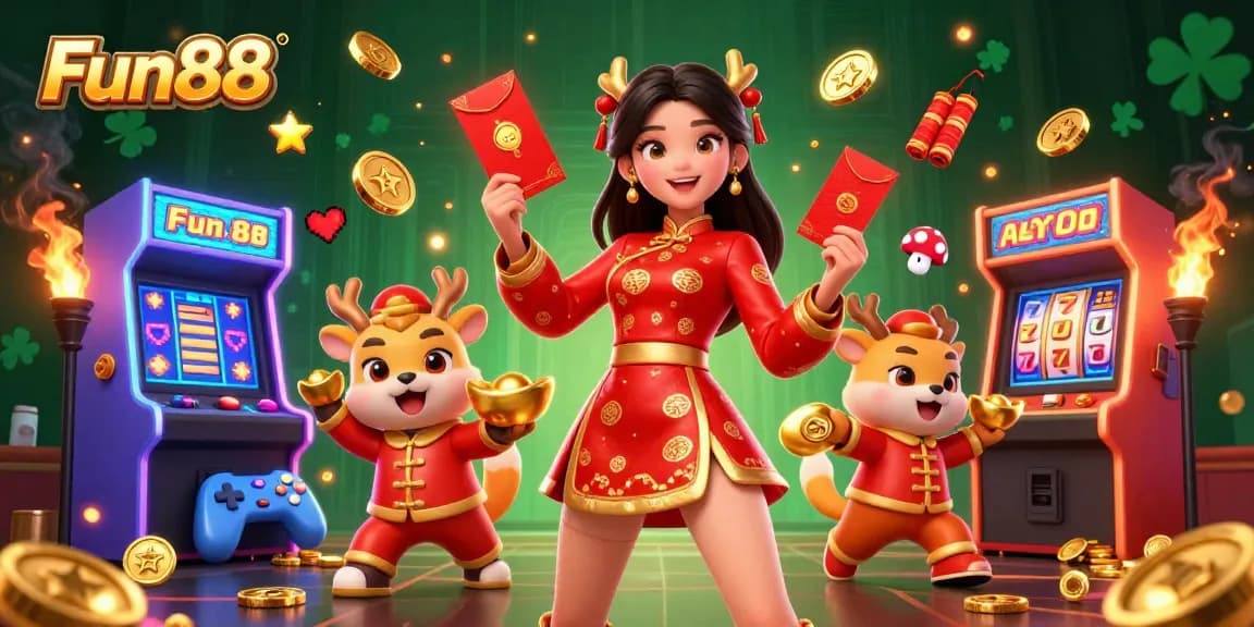 Experience the excitement of Fun88 with vibrant casino elements and festive decorations in this 3D illustration.