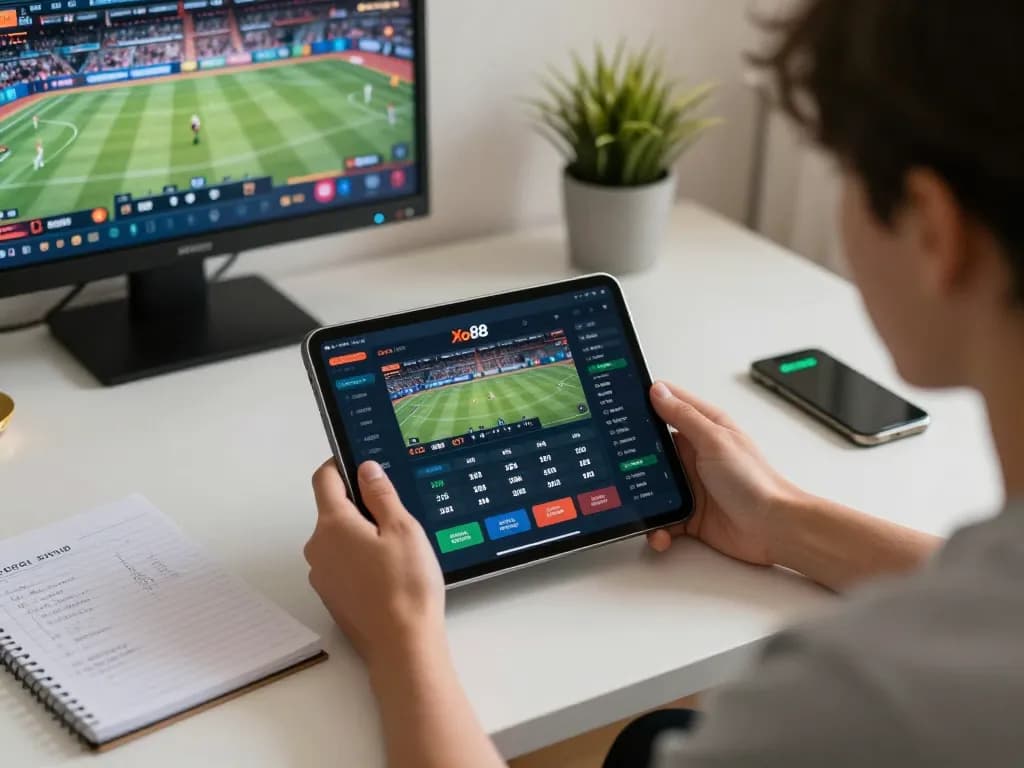 Xo88 sports betting action displayed on a sleek tablet, person engaged in responsible online gambling.