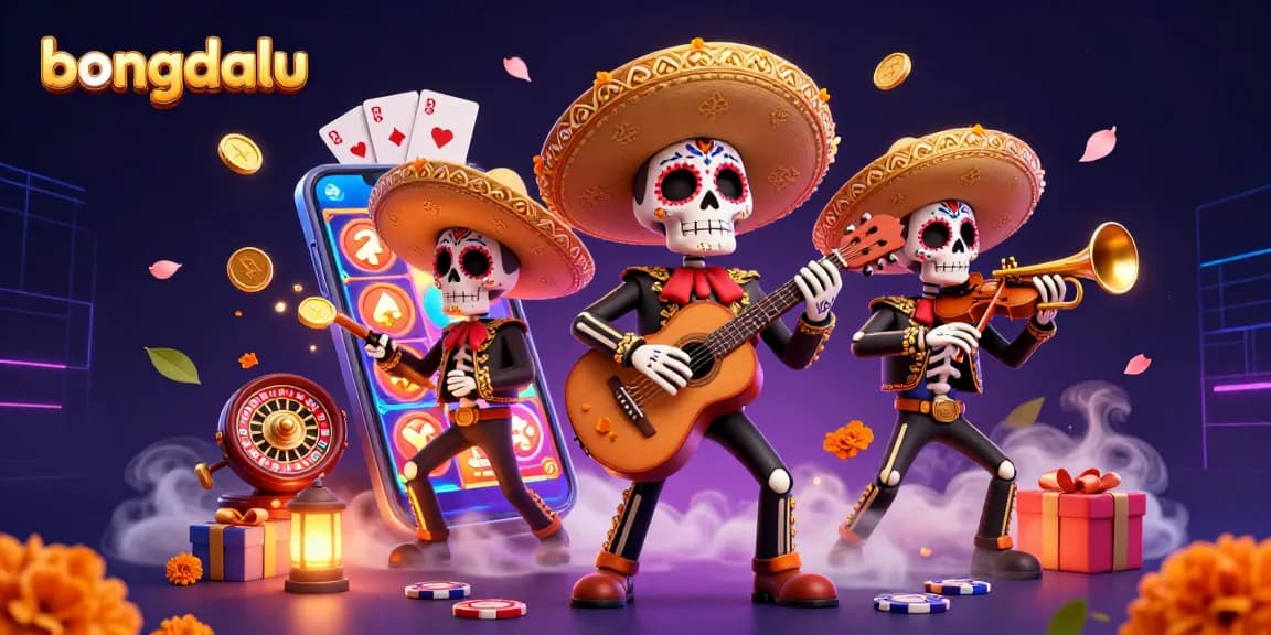 Bongdalu engages players with a vibrant Mariachi band and dynamic gaming elements in this colorful illustration.