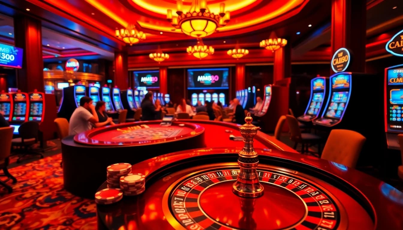 Experience the exciting action at https://mm88.moe/ featuring poker and roulette games in a vibrant casino environment.