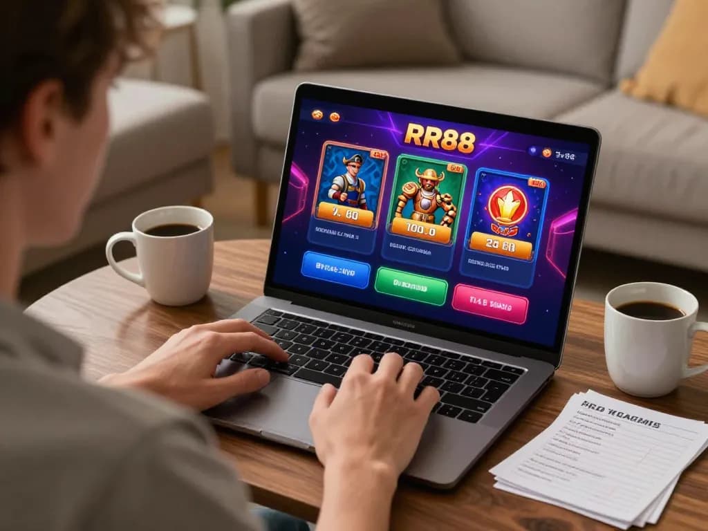Engaging in RR88 online casino gaming from a cozy home setup with vibrant game interface.
