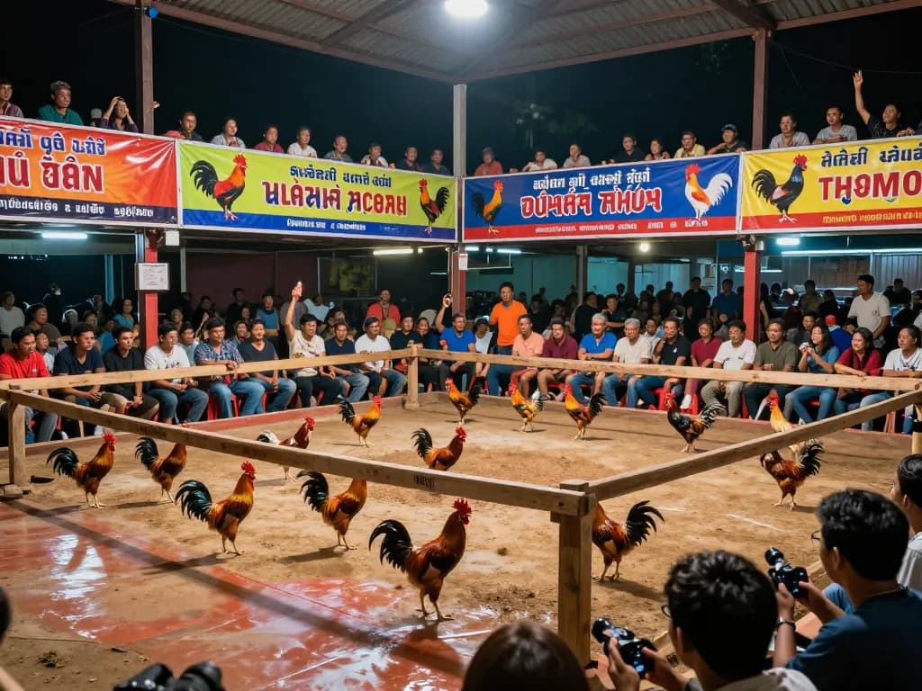 Trải nghiệm những trận đá gà thomo HD hấp dẫn với những chú gà rực rỡ và những người hâm mộ cổ vũ trong một đấu trường sôi động.