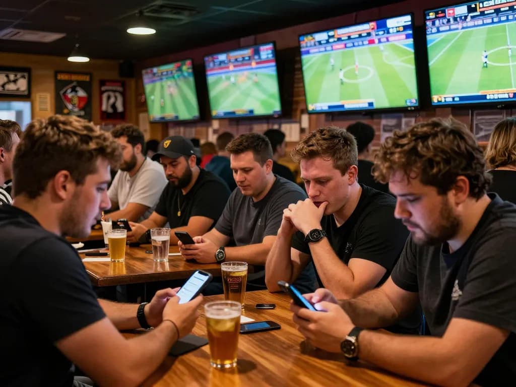 Fabet fans engaged in live sports betting at a lively sports bar, showcasing excitement.