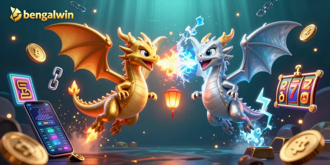 Bengalwin's vibrant casino illustration featuring golden and silver dragons amidst thrilling slot game elements.