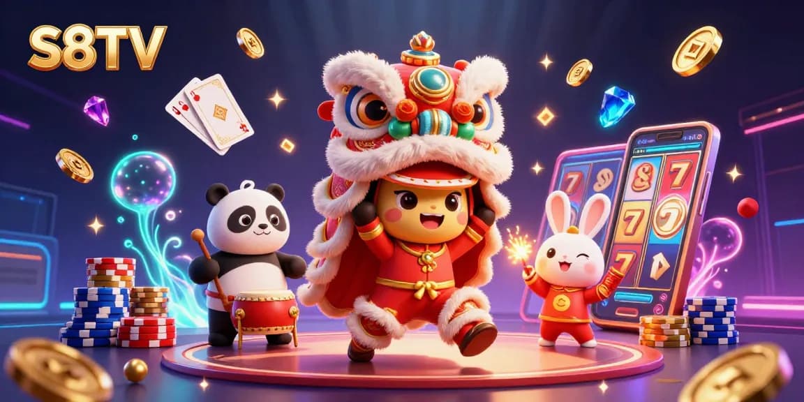 S8TV's vibrant casino-themed illustration features a lively lion dance, drumming panda, and colorful poker elements.