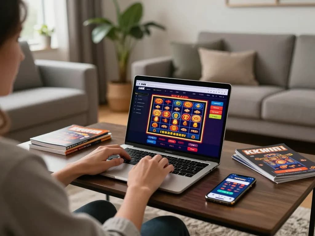 Engaging gaming scene showcasing KKWIN LINK interface on a laptop during a home casino session, highlighting online gambling excitement.