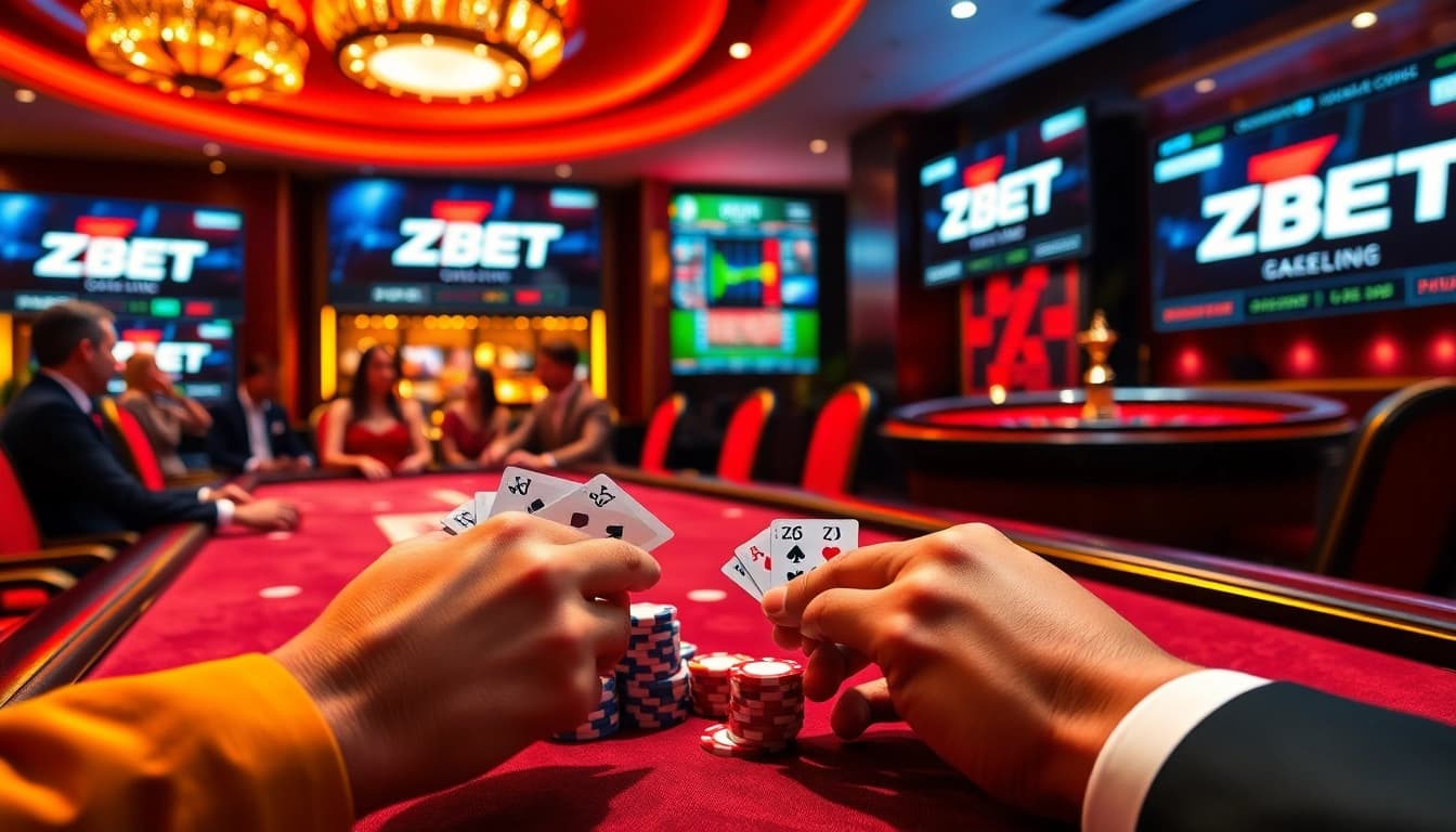Experience high-stakes gaming action with ZBET at a luxurious poker table.