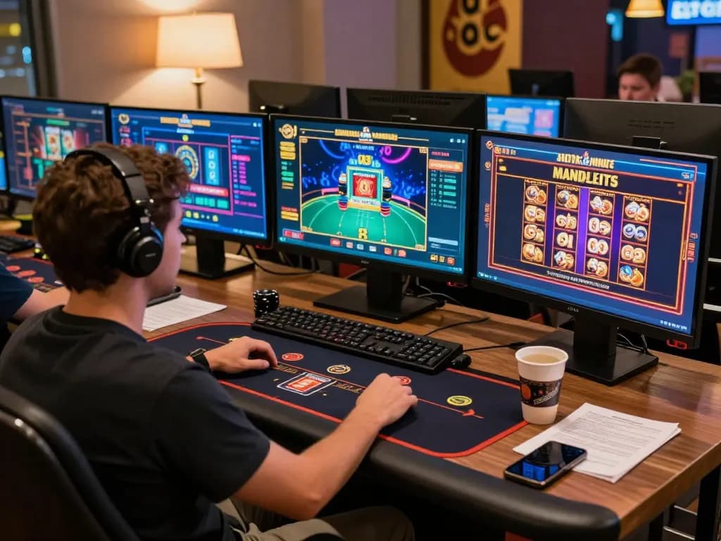 Engaging online gaming scene with gk88 strategy notes and active gameplay at modern desk.