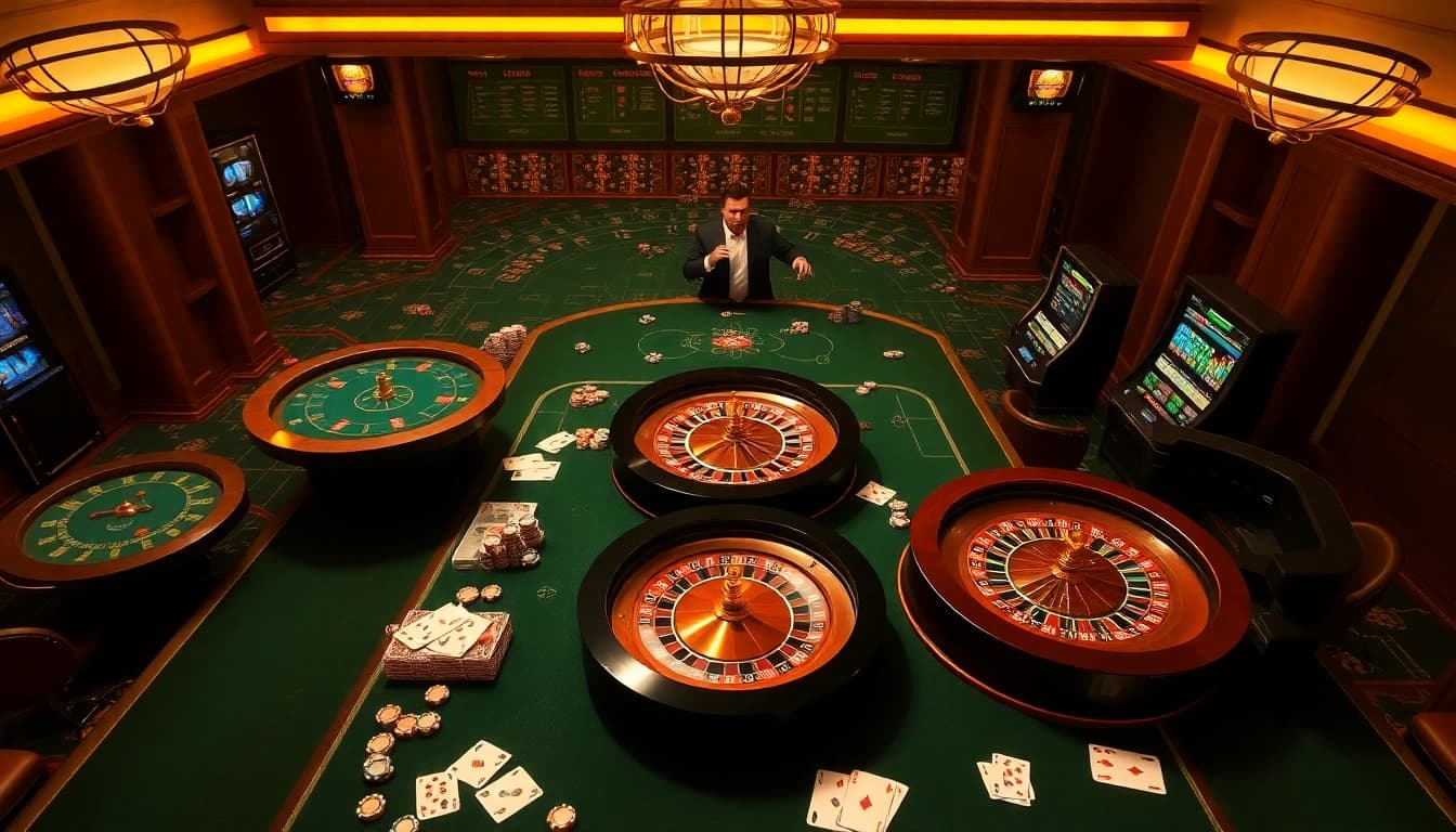Engaging scene of professional gambling at trang chủ FLY88 with vibrant casino tables and players.