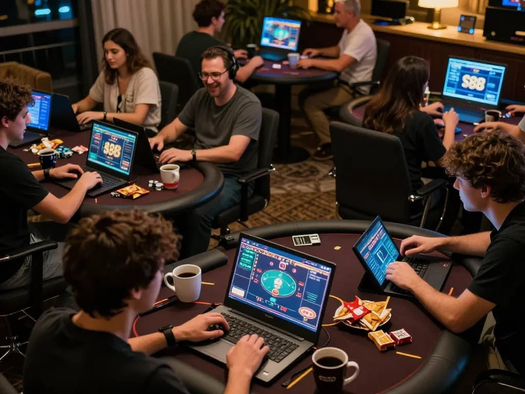 Players strategizing and interacting while enjoying their SC88 online casino gaming experience in a cozy home setting