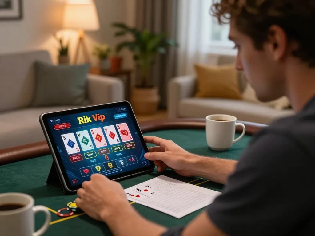 Engaged player uses tablet for rik vip online gambling in a cozy home setting