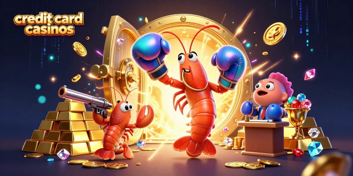 Engage with credit card casinos showcasing vibrant characters amidst treasures and gaming elements.