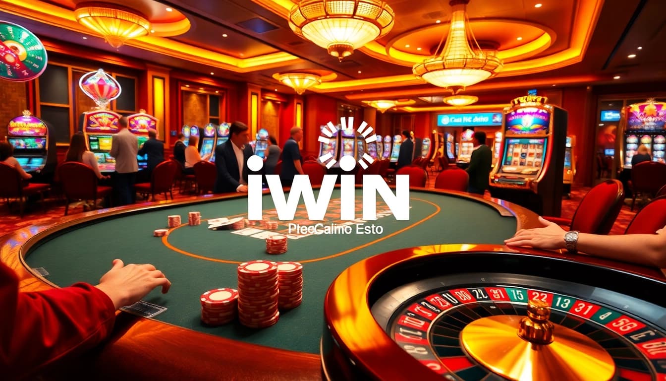 Iwin casino scene showcasing a luxurious poker table with vibrant chips and dealers.