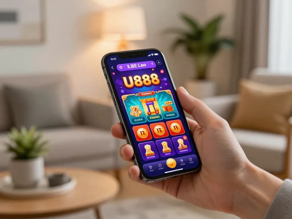 Engaging with the U888 casino app for a cozy online gaming experience at home.