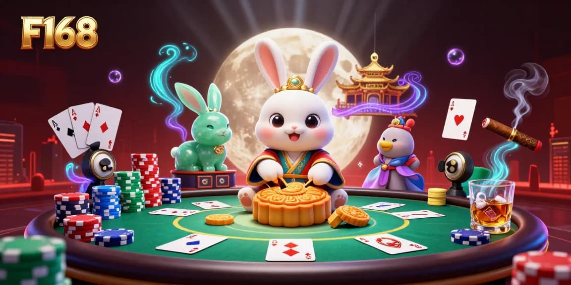 Experience thrilling poker action with F168's vibrant illustration featuring poker elements and folklore.