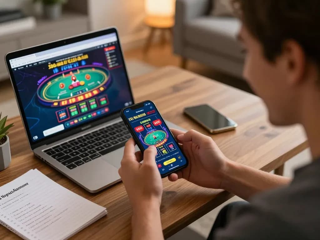 Player engaging with the BL555 mobile app for live dealer games in a cozy home setting