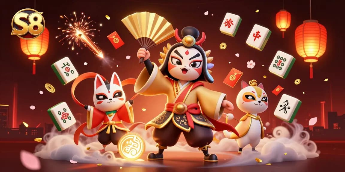 S8 captures thrilling gameplay with a kabuki warrior and kitsune mask in a vibrant, festive casino setting.