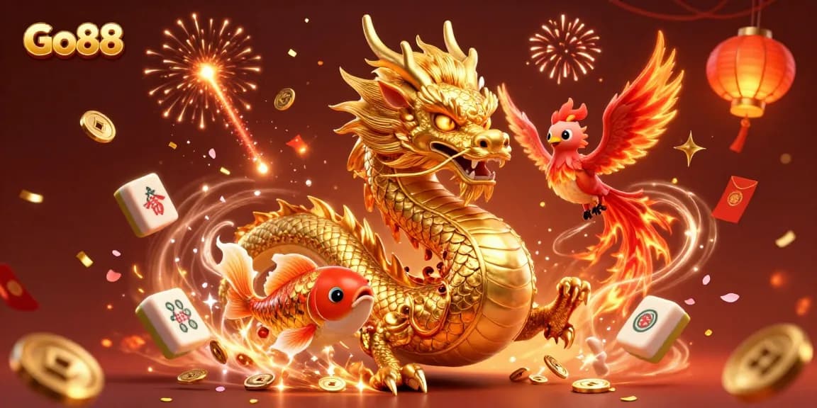 Engage with Go88's vibrant world of gaming featuring a golden dragon, red phoenix, and koi fish amidst festive casino elements.