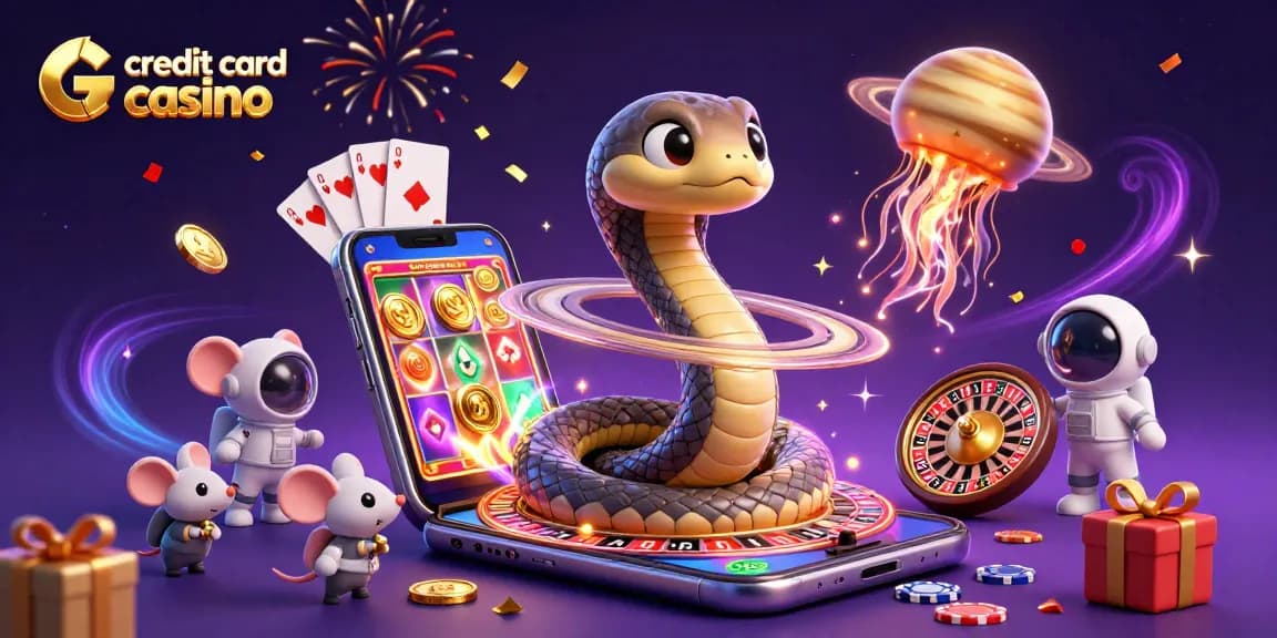 Engage in a vibrant credit card casino scene with cartoon characters and celebratory elements.