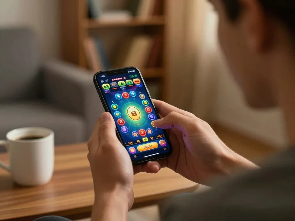 Engaging in online gaming on dn88 trang chủ with vibrant game interface on smartphone at home.