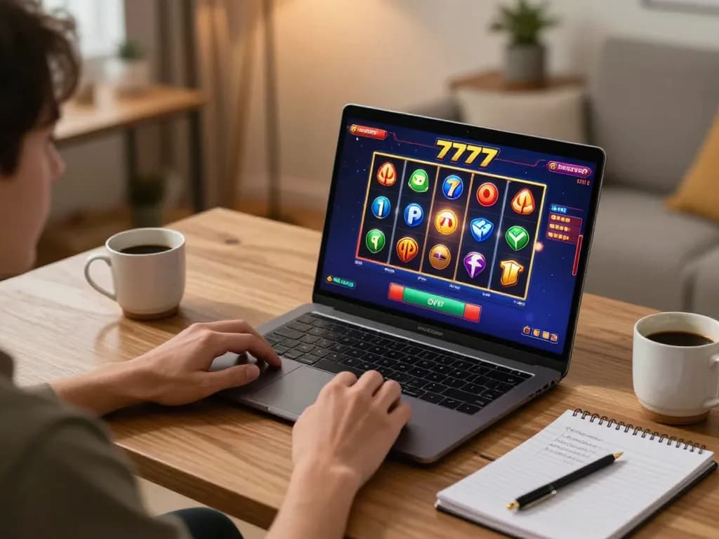 Engaging player enjoying slot777 gaming on laptop at home desk, showcasing strategy notes