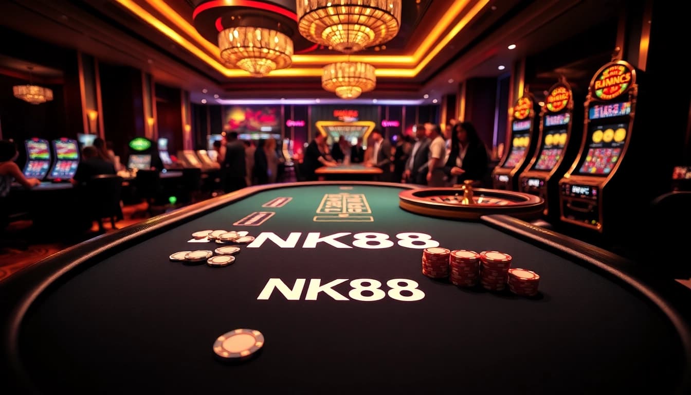 Experience the excitement of NK88 casino gaming with vibrant visuals of poker, roulette, and slot machines.