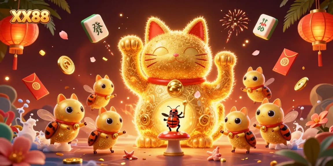 Engage with XX88's vibrant casino universe featuring a golden lucky cat and dynamic game elements.