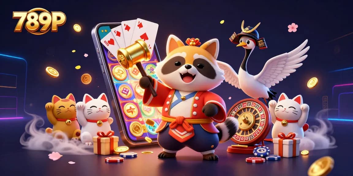 Experience the excitement of gambling at 789P casino with a cheerful tanuki and lucky symbols.