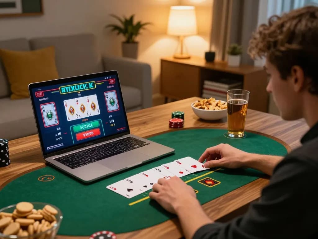 Engaging in a live dealer blackjack game on 79kingt1 at home with a laptop and snacks.
