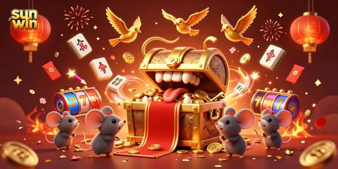 Engage with sun win’s vibrant casino atmosphere featuring a golden treasure chest and slot machine elements.