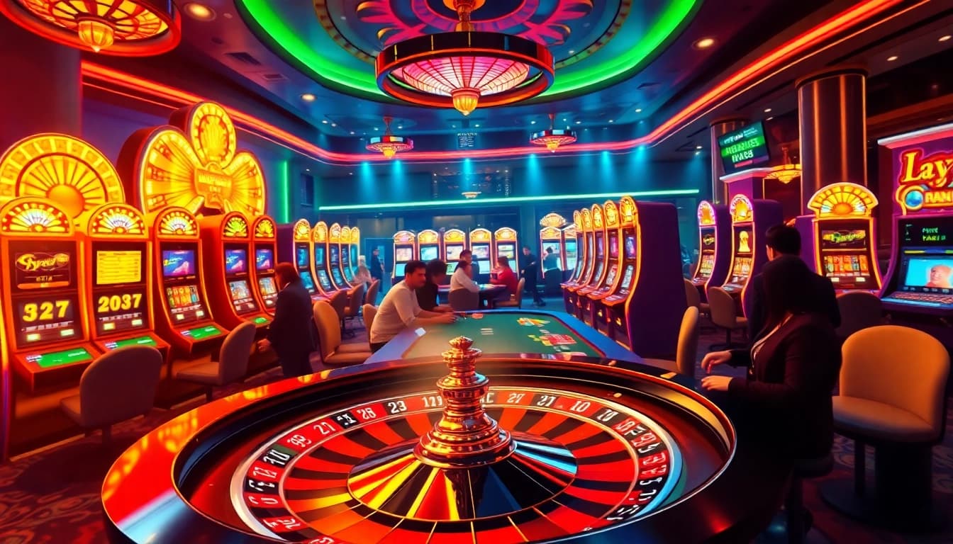 Bongdalu themed casino scene featuring a poker table, slot machines, and roulette wheel in action.