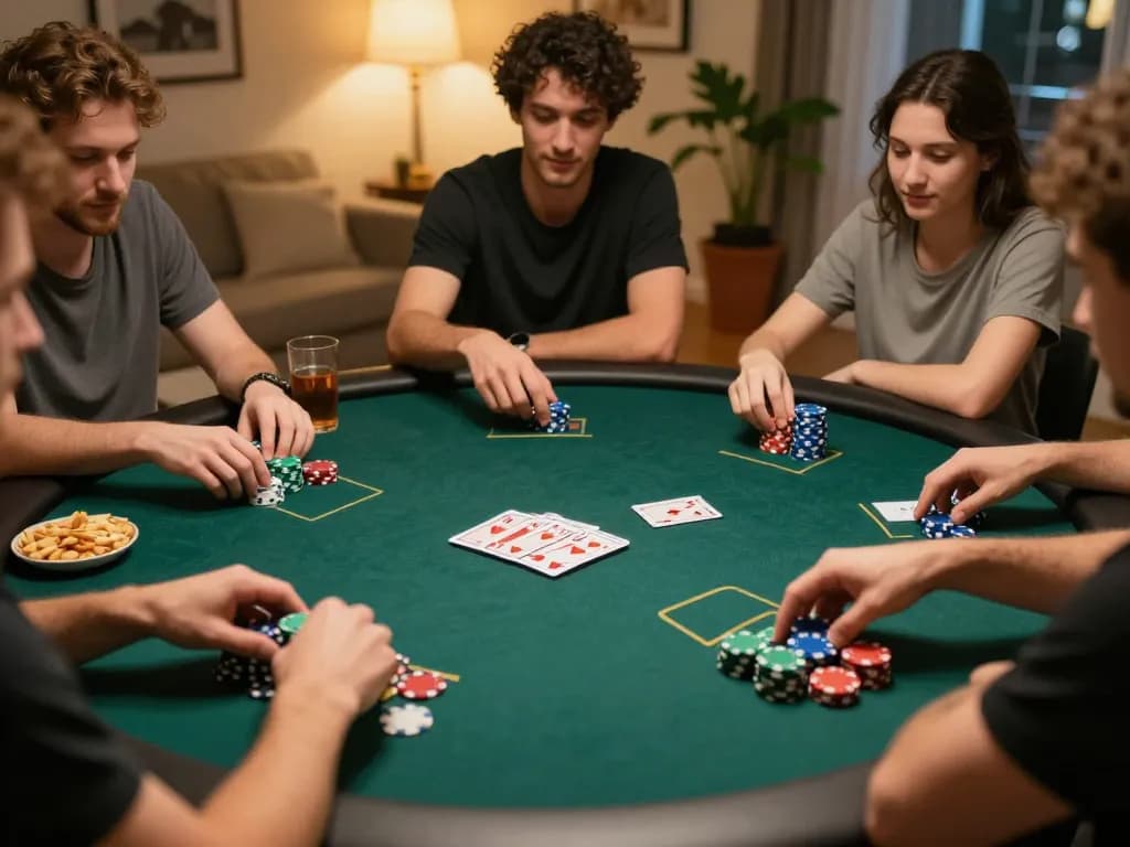 Friends engaging in an exciting poker game night with Go88 playing cards and chips.