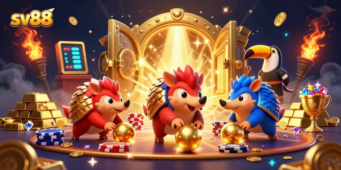 Experience thrilling action at sv88 as cartoon pangolins roll through poker chips in a vibrant casino.