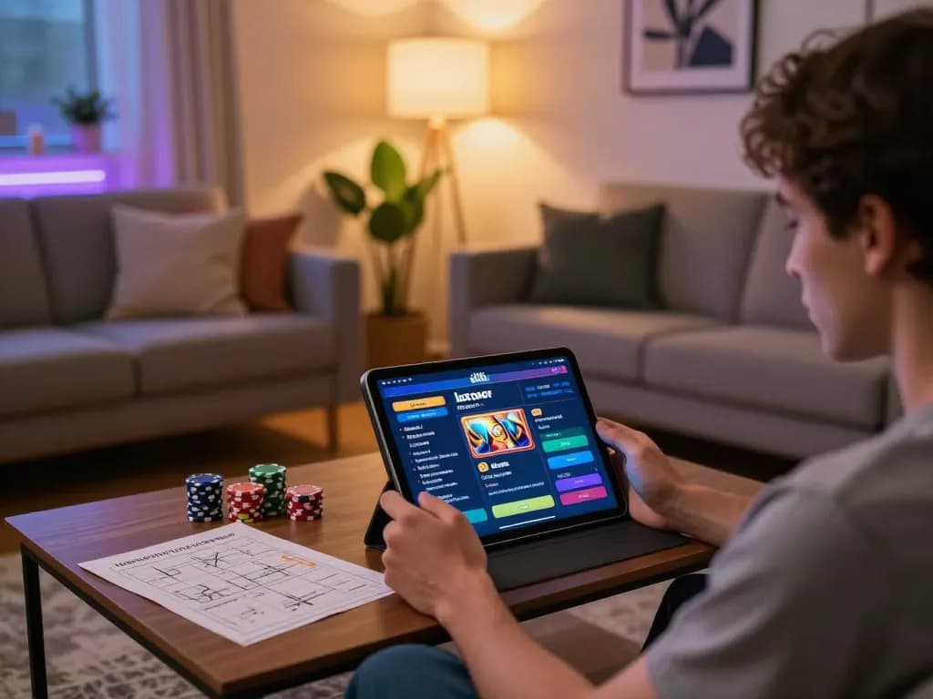 Pemain terlibat menggunakan tablet untuk mengakses link slot gacor dalam suasana rumah yang nyaman