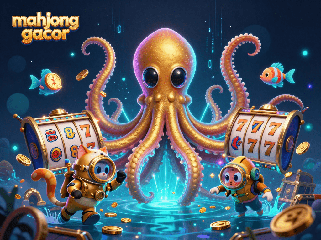 Catch the excitement of mahjong gacor in this vibrant 3D casino scene featuring a colossal kraken and diving cat.