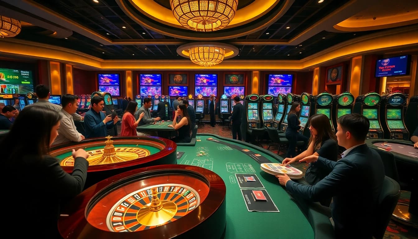 Players enjoying a thrilling gaming experience at https://win678.ac/, with roulette, poker, and slot machines.