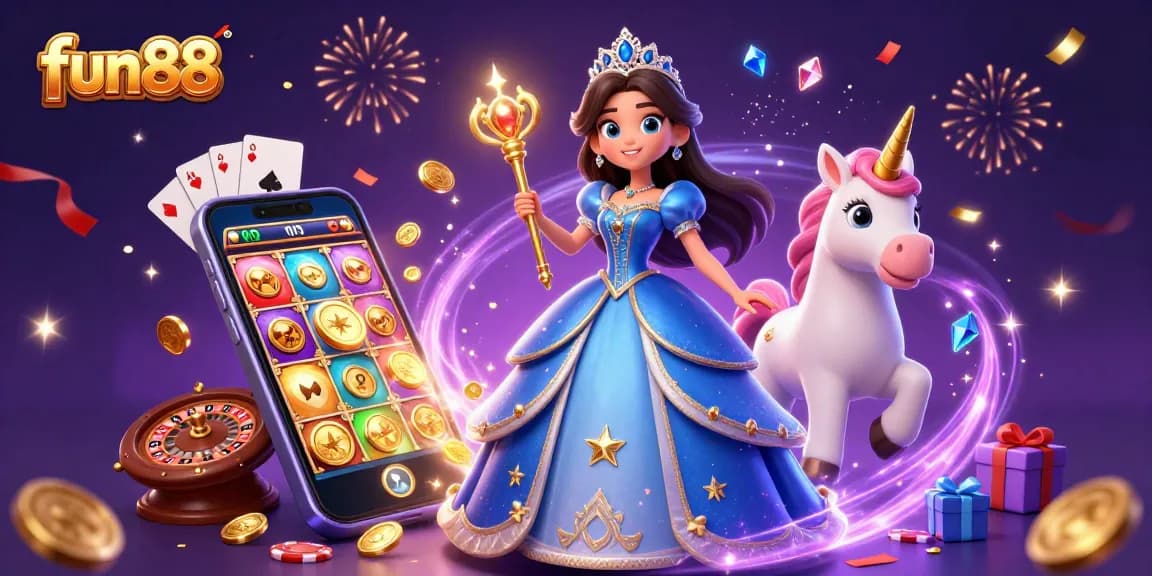 Play thrilling slot games with fun88, featuring a 3D woman and a unicorn amidst vibrant casino elements.