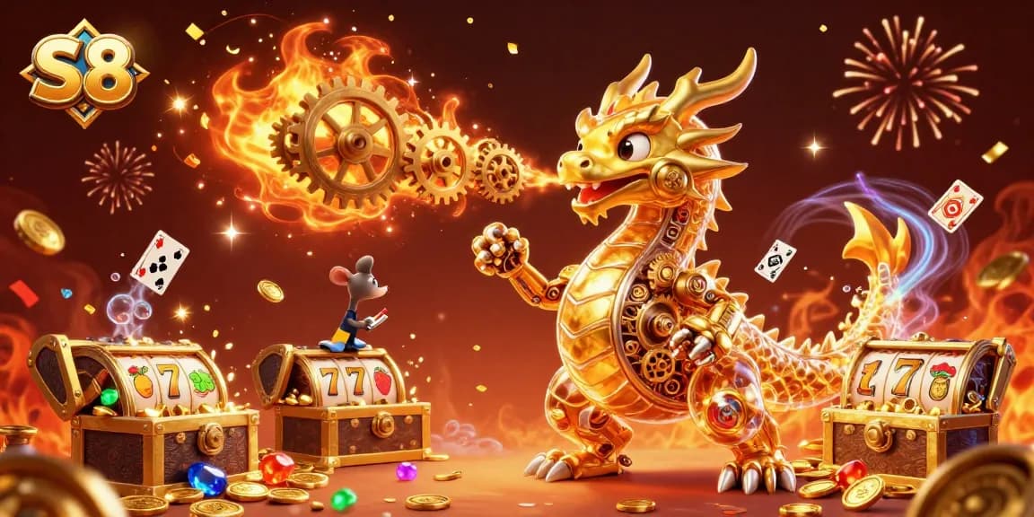 Spin the reels for S8 bounty with a golden dragon and vibrant casino elements!